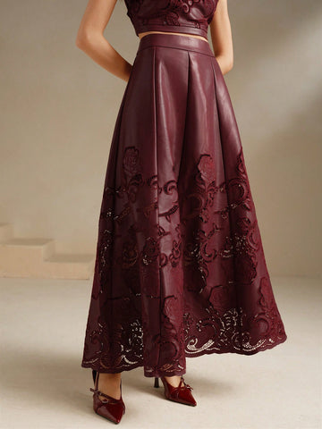 Anewsta PU Embroidered A-Line Midi Skirt, Wine Red