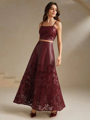 Anewsta PU Embroidered A-Line Midi Skirt, Wine Red