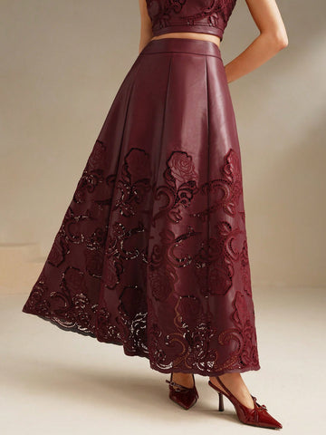 Anewsta PU Embroidered A-Line Midi Skirt, Wine Red