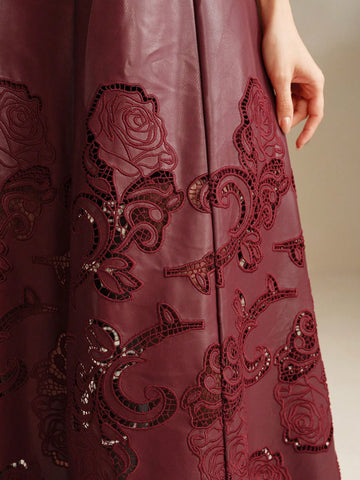 Anewsta PU Embroidered A-Line Midi Skirt, Wine Red