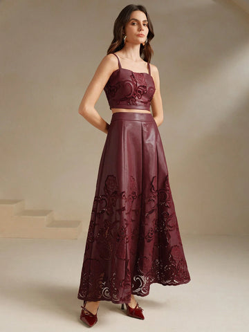 Anewsta PU Embroidered A-Line Midi Skirt, Wine Red