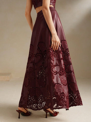 Anewsta PU Embroidered A-Line Midi Skirt, Wine Red