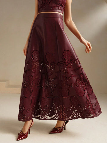 Anewsta PU Embroidered A-Line Midi Skirt, Wine Red