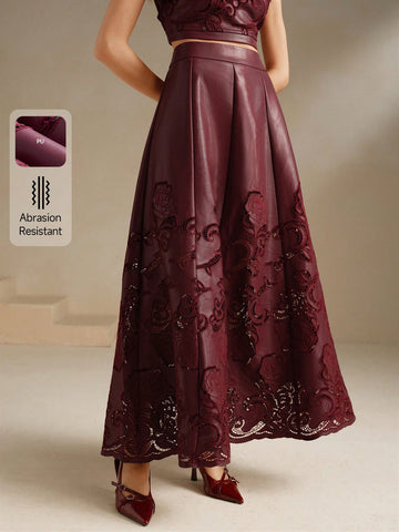 Anewsta PU Embroidered A-Line Midi Skirt, Wine Red