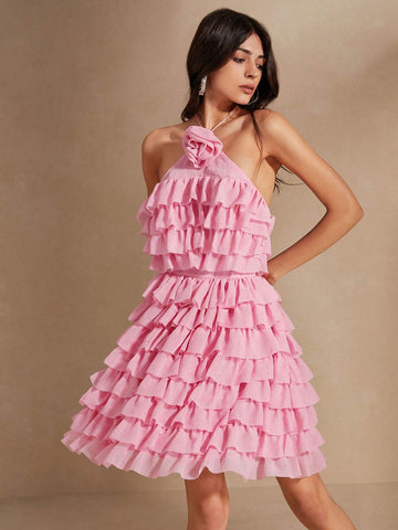 Anewsta Pink Multi-Layer Mesh Halter Backless Elegant Romantic And Gentle Ladies Dress
