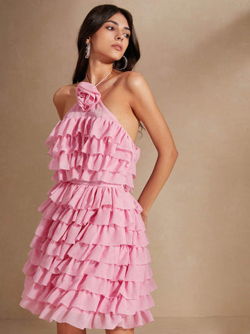 Anewsta Pink Multi-Layer Mesh Halter Backless Elegant Romantic And Gentle Ladies Dress