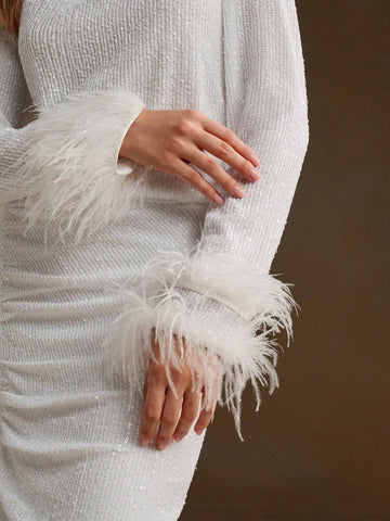 Anewsta Premium Beaded Pearl Sleeve Patchwork Feather Top + Long Skirt Women Suit, 2pcs Set