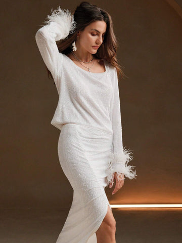 Anewsta Premium Beaded Pearl Sleeve Patchwork Feather Top + Long Skirt Women Suit, 2pcs Set