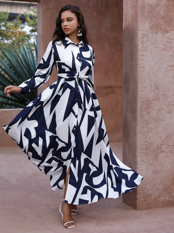 Anewsta Random Printed Button Front Long Dress