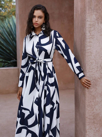 Anewsta Random Printed Button Front Long Dress