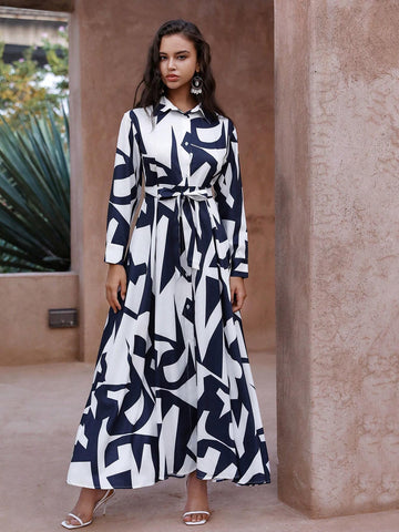 Anewsta Random Printed Button Front Long Dress