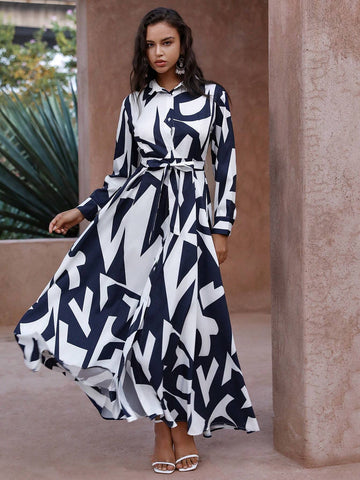 Anewsta Random Printed Button Front Long Dress