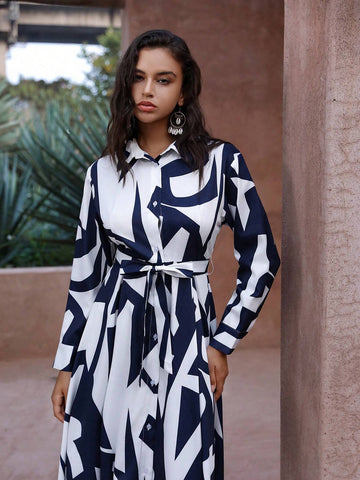 Anewsta Random Printed Button Front Long Dress