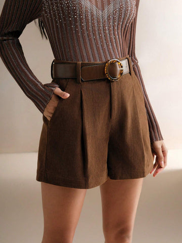 Anewsta Retro Corduroy Women Waist Belt Shorts, Commuting Style