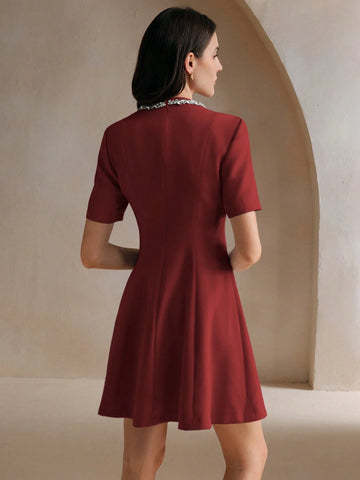 Anewsta Rhinestone Bow Accent Round Neck Elegant Dress