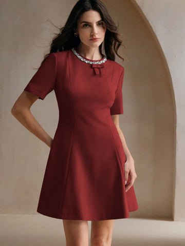 Anewsta Rhinestone Bow Accent Round Neck Elegant Dress