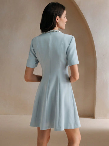 Anewsta Rhinestone Bow Decor Round Neck Dress, Elegant Style