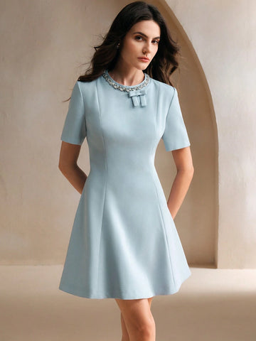 Anewsta Rhinestone Bow Decor Round Neck Dress, Elegant Style