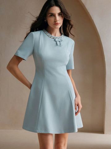 Anewsta Rhinestone Bow Decor Round Neck Dress, Elegant Style