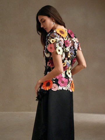 Romantic Embroidered Floral Applique Decorated Blouse