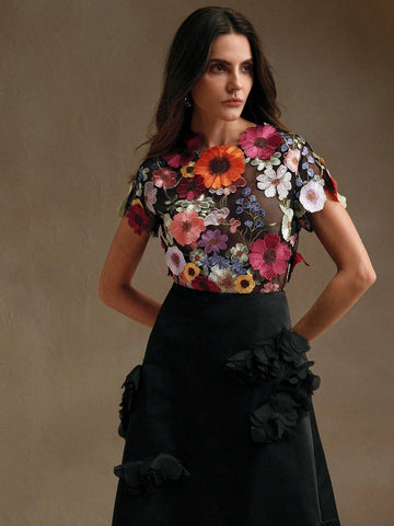 Romantic Embroidered Floral Applique Decorated Blouse