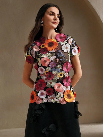 Romantic Embroidered Floral Applique Decorated Blouse