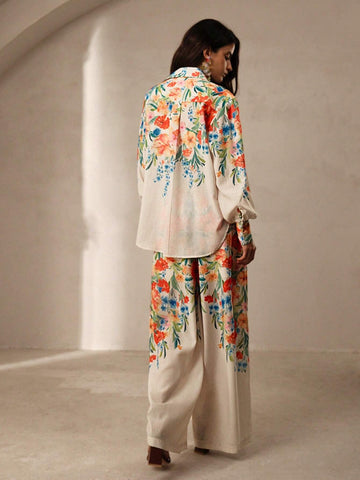 Anewsta Romantic Floral Print Women Shirt And Pants Two Piece Set For Vacation