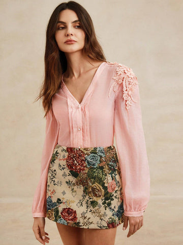 Anewsta Romantic French Style 3D Flower Chiffon Shirt