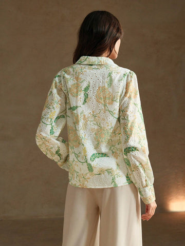 Anewsta Romantic Holiday Hollow Out Printed Loose Embroidered Women's Shirt