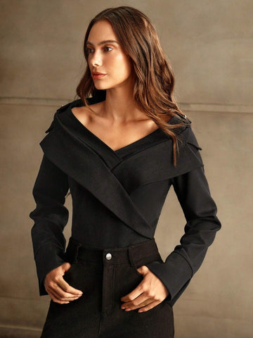 Anewsta Sexy V-Neck Low-Cut Long Sleeve Bodysuit, Figure Flattering Design