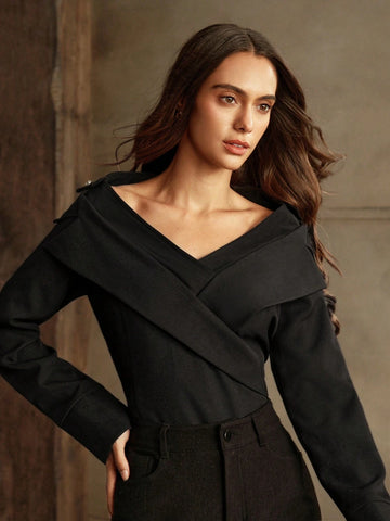 Anewsta Sexy V-Neck Low-Cut Long Sleeve Bodysuit, Figure Flattering Design