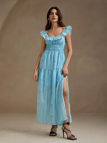 Anewsta Short Puff Sleeve Square Collar Backless Ruffle Hem Waist Cinched Elegant Dress