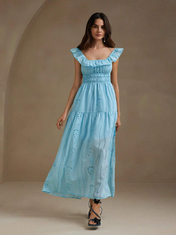 Anewsta Short Puff Sleeve Square Collar Backless Ruffle Hem Waist Cinched Elegant Dress