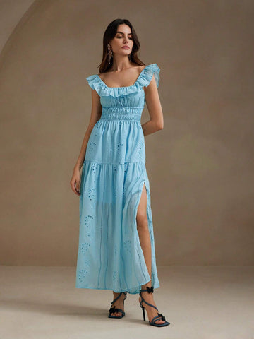 Anewsta Short Puff Sleeve Square Collar Backless Ruffle Hem Waist Cinched Elegant Dress