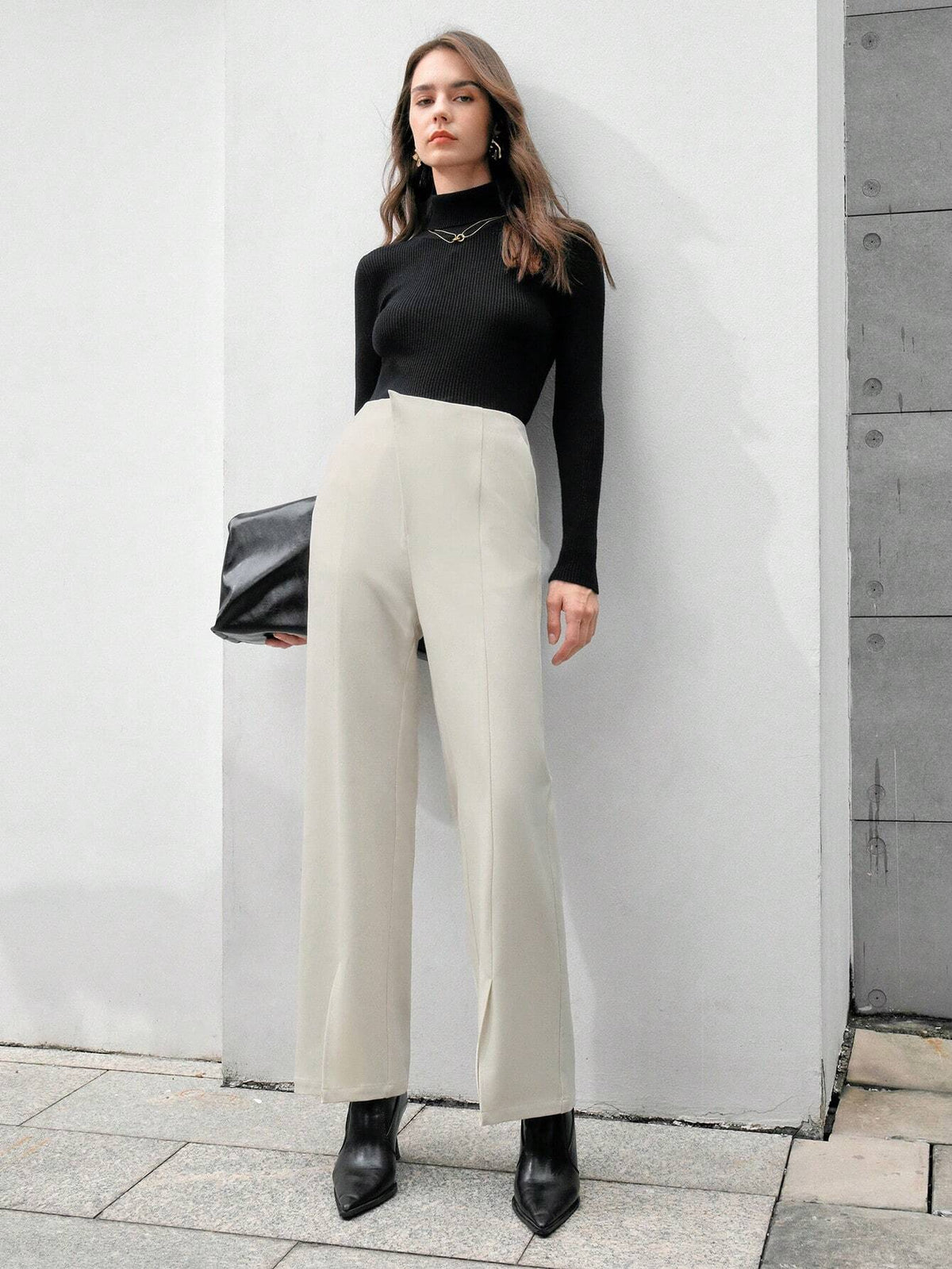 Anewsta Slit Design Apricot Colored Long Pants