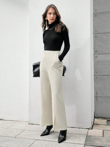 Anewsta Slit Design Apricot Colored Long Pants