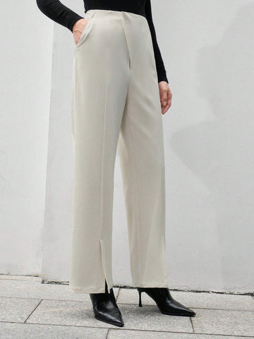 Anewsta Slit Design Apricot Colored Long Pants