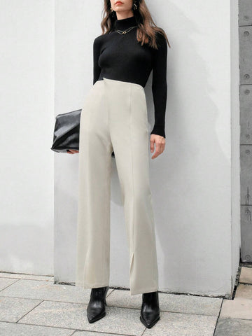Anewsta Slit Design Apricot Colored Long Pants