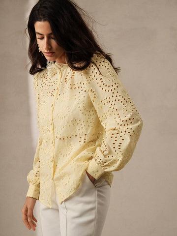 Anewsta Soft Lace Hollow-Out Women's Lantern Sleeve Shirt With Small Stand-Up Collar In Light Yellow