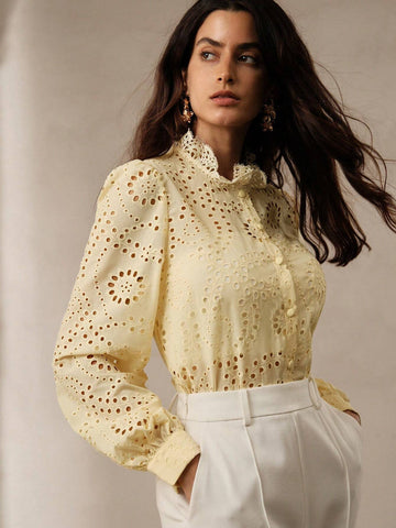 Anewsta Soft Lace Hollow-Out Women's Lantern Sleeve Shirt With Small Stand-Up Collar In Light Yellow