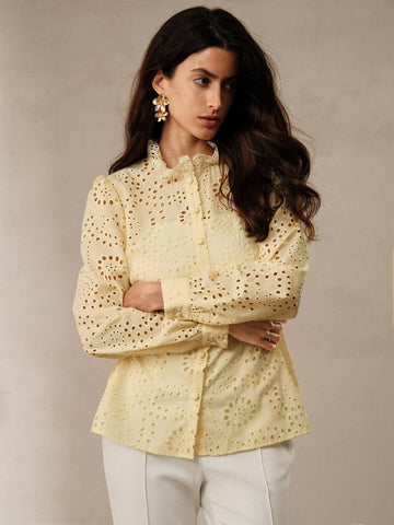 Anewsta Soft Lace Hollow-Out Women's Lantern Sleeve Shirt With Small Stand-Up Collar In Light Yellow