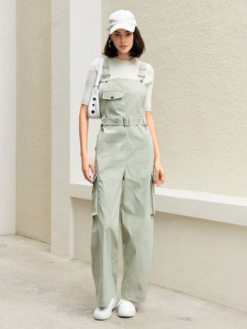 Anewsta Solid Color Belted Cargo Jumpsuit