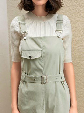 Anewsta Solid Color Belted Cargo Jumpsuit