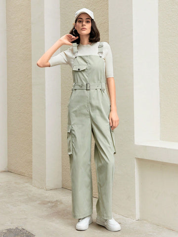 Anewsta Solid Color Belted Cargo Jumpsuit
