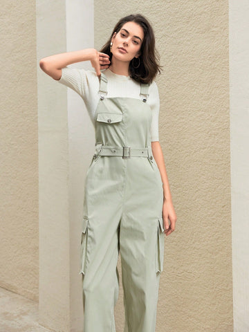Anewsta Solid Color Belted Cargo Jumpsuit