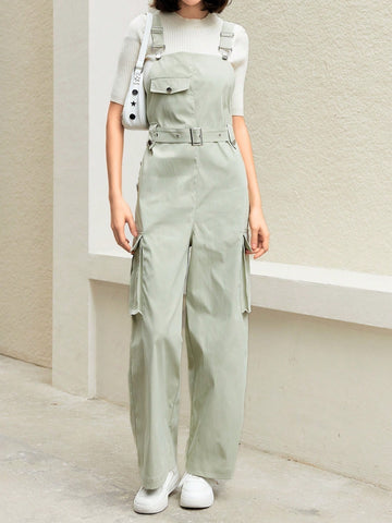 Anewsta Solid Color Belted Cargo Jumpsuit