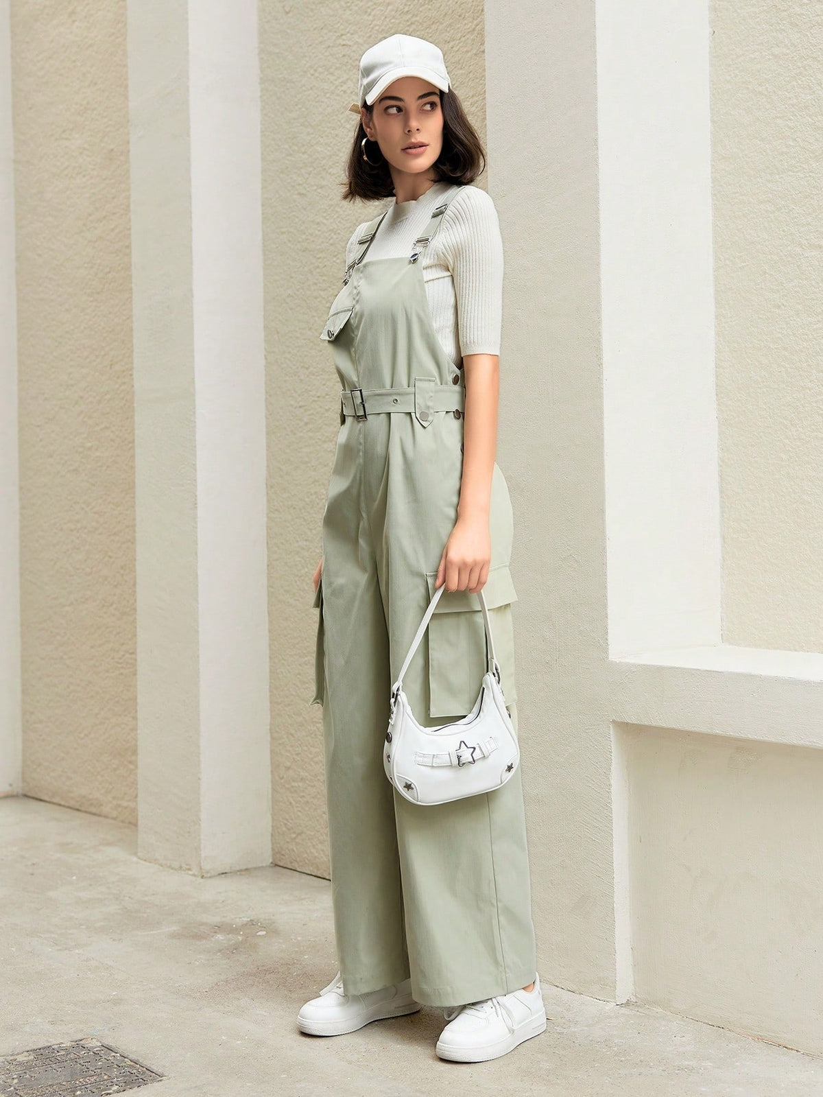 Anewsta Solid Color Belted Cargo Jumpsuit