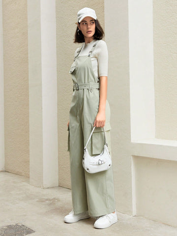 Anewsta Solid Color Belted Cargo Jumpsuit