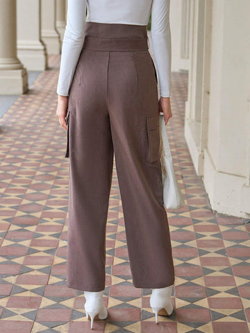 Anewsta Solid Color Belted Cargo Trousers