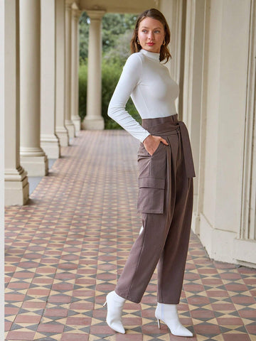 Anewsta Solid Color Belted Cargo Trousers